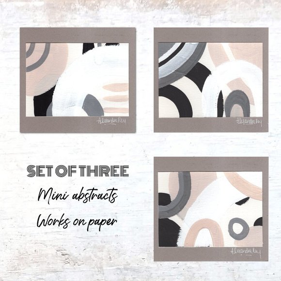 Set Of Three Geometric Abstracts Black/White/Neutral - Picture 1 of 5